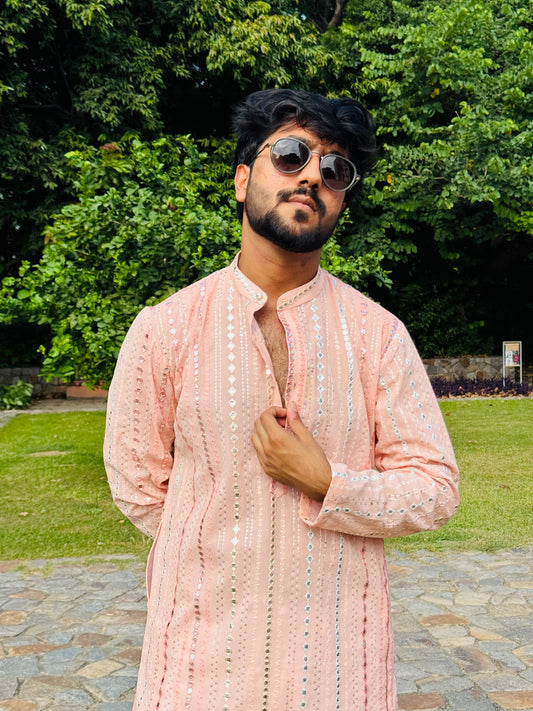 Peach Pink Mirror Work Kurta