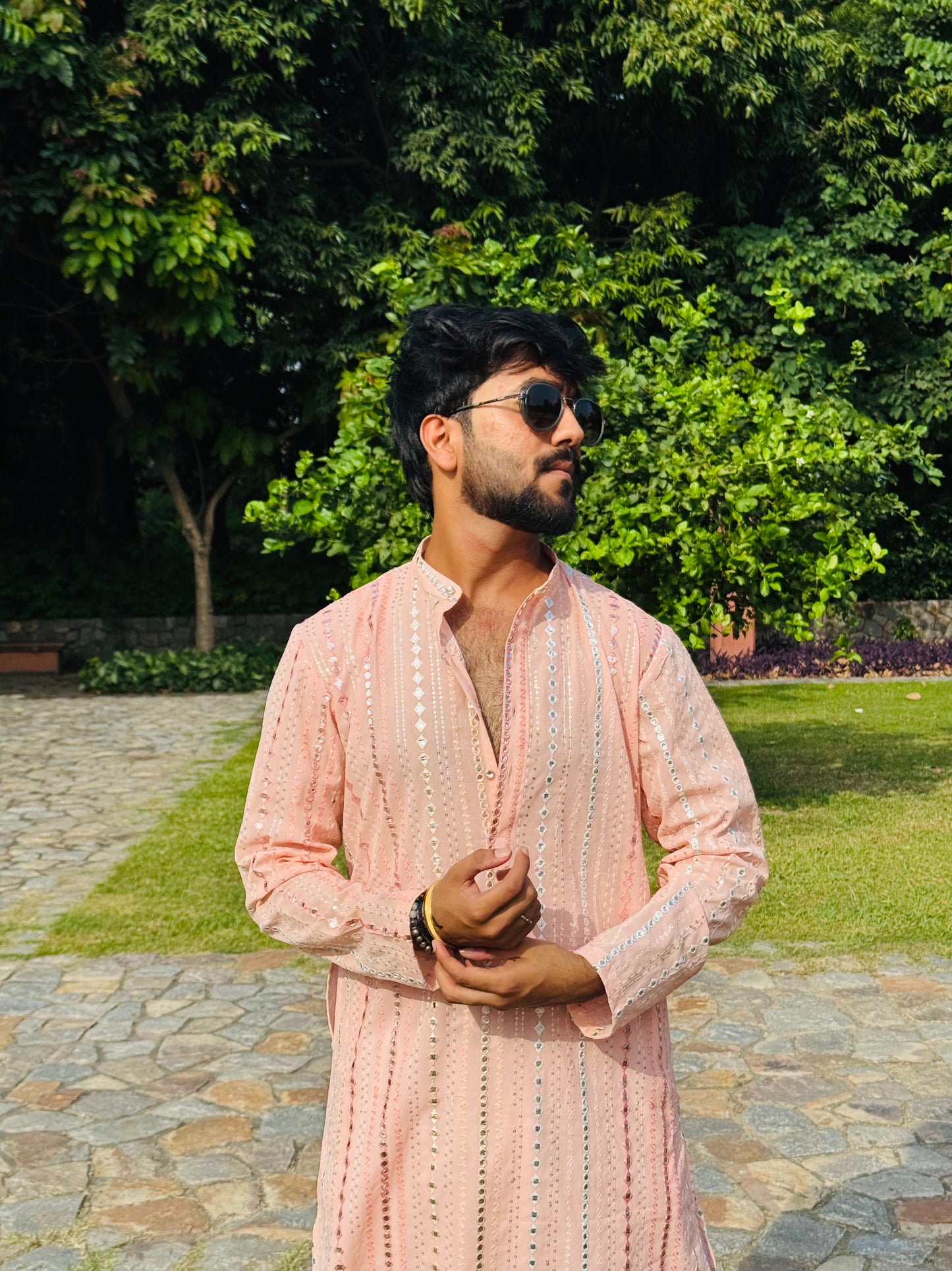Peach Pink Mirror Work Kurta
