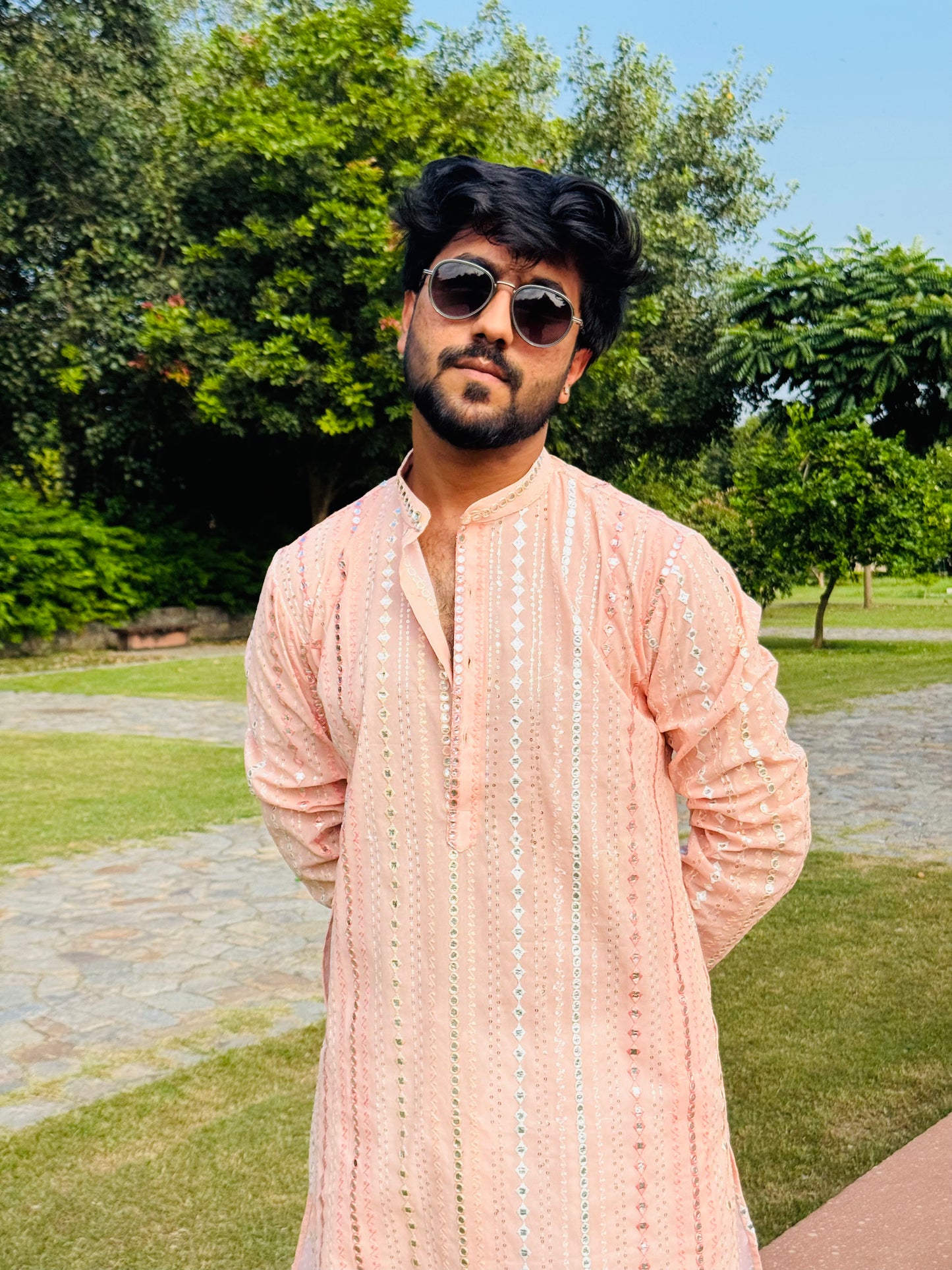 Peach Pink Mirror Work Kurta