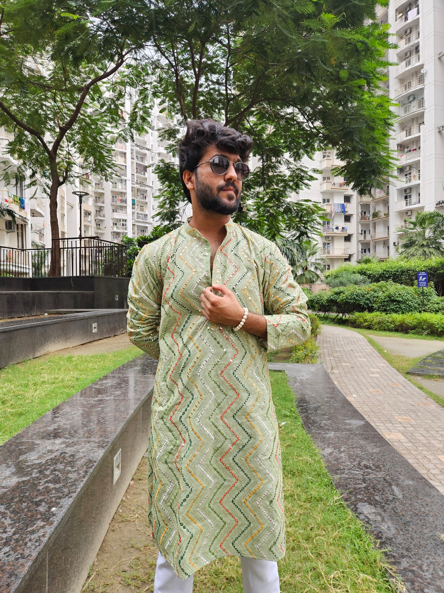 Mehndi Green Mirror Work Kurta