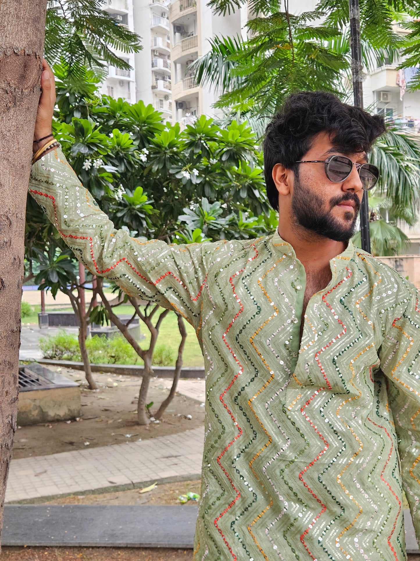Mehndi Green Mirror Work Kurta