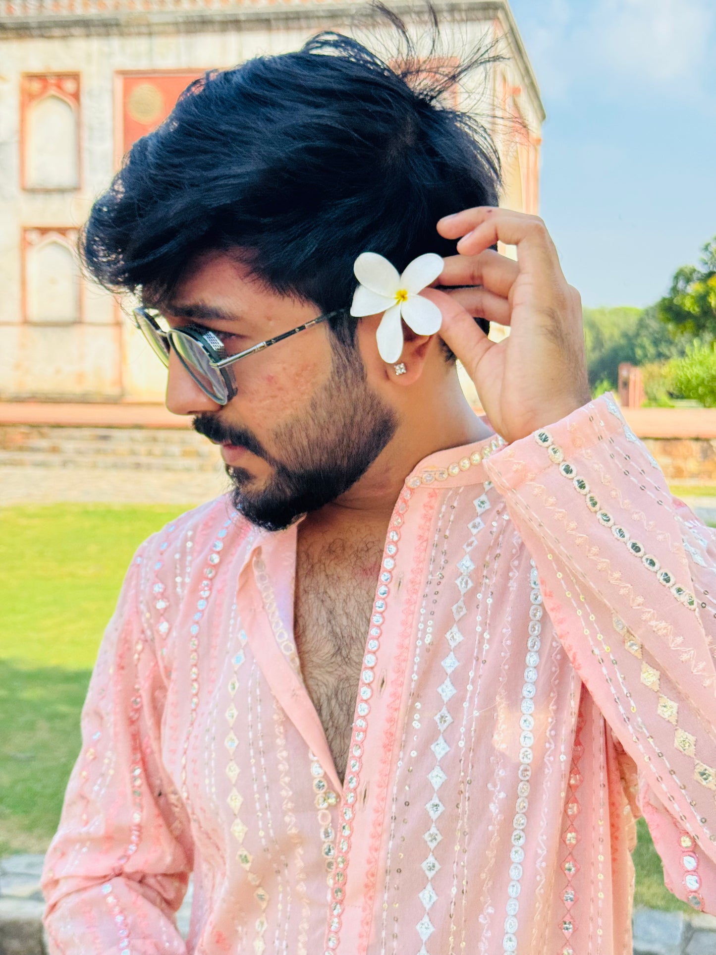 Peach Pink Mirror Work Kurta