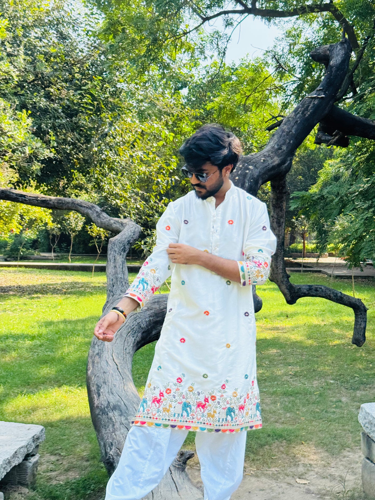 White Malai Silk Embroidered Kurta