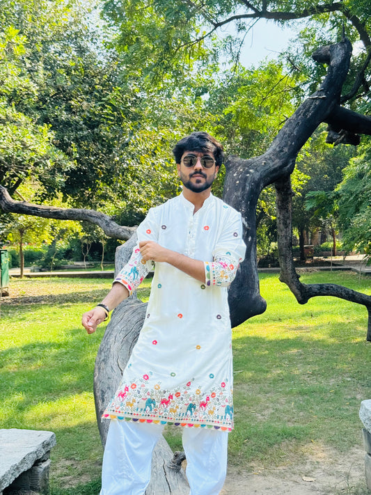 White Malai Silk Embroidered Kurta