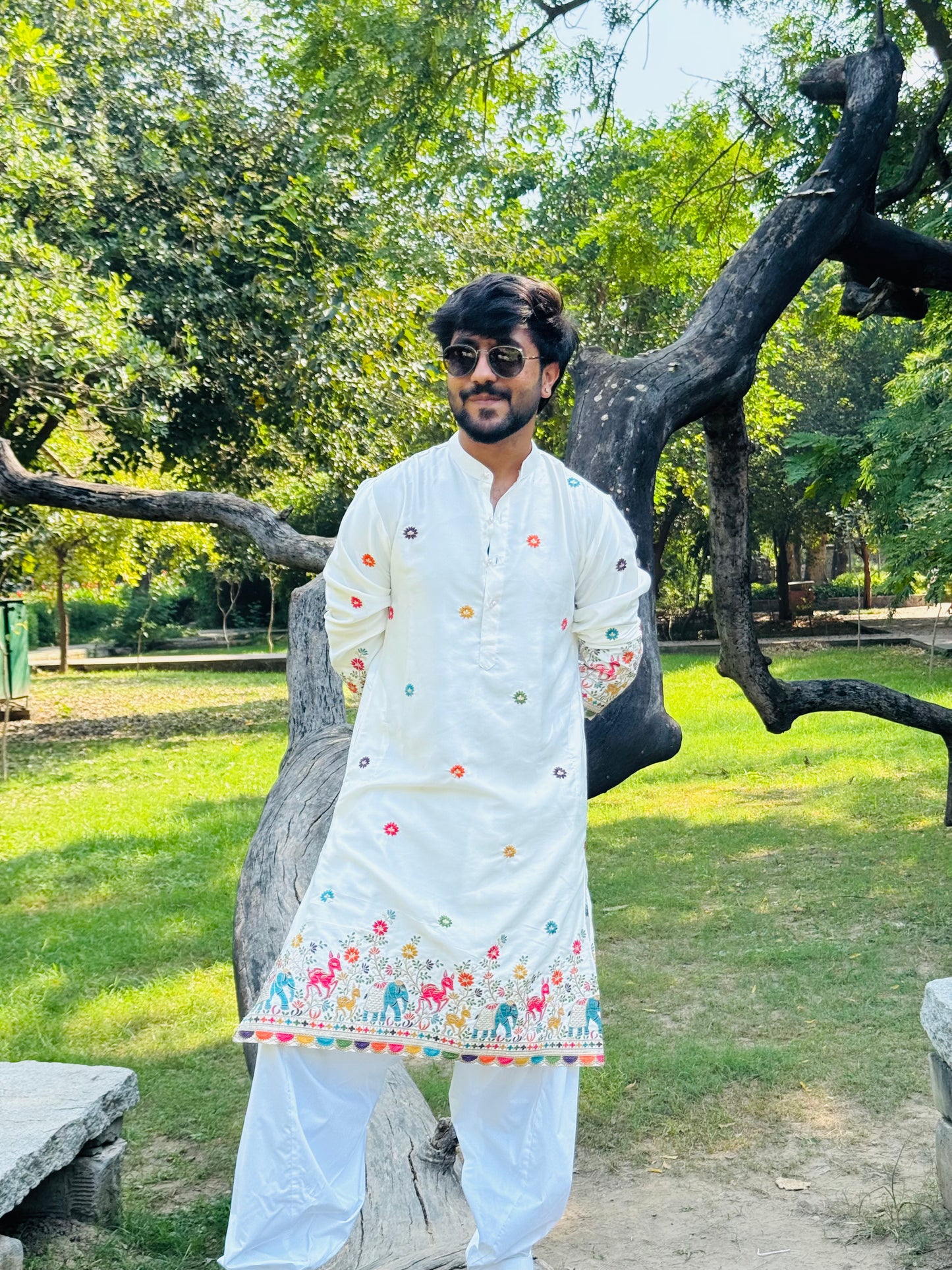 White Malai Silk Embroidered Kurta