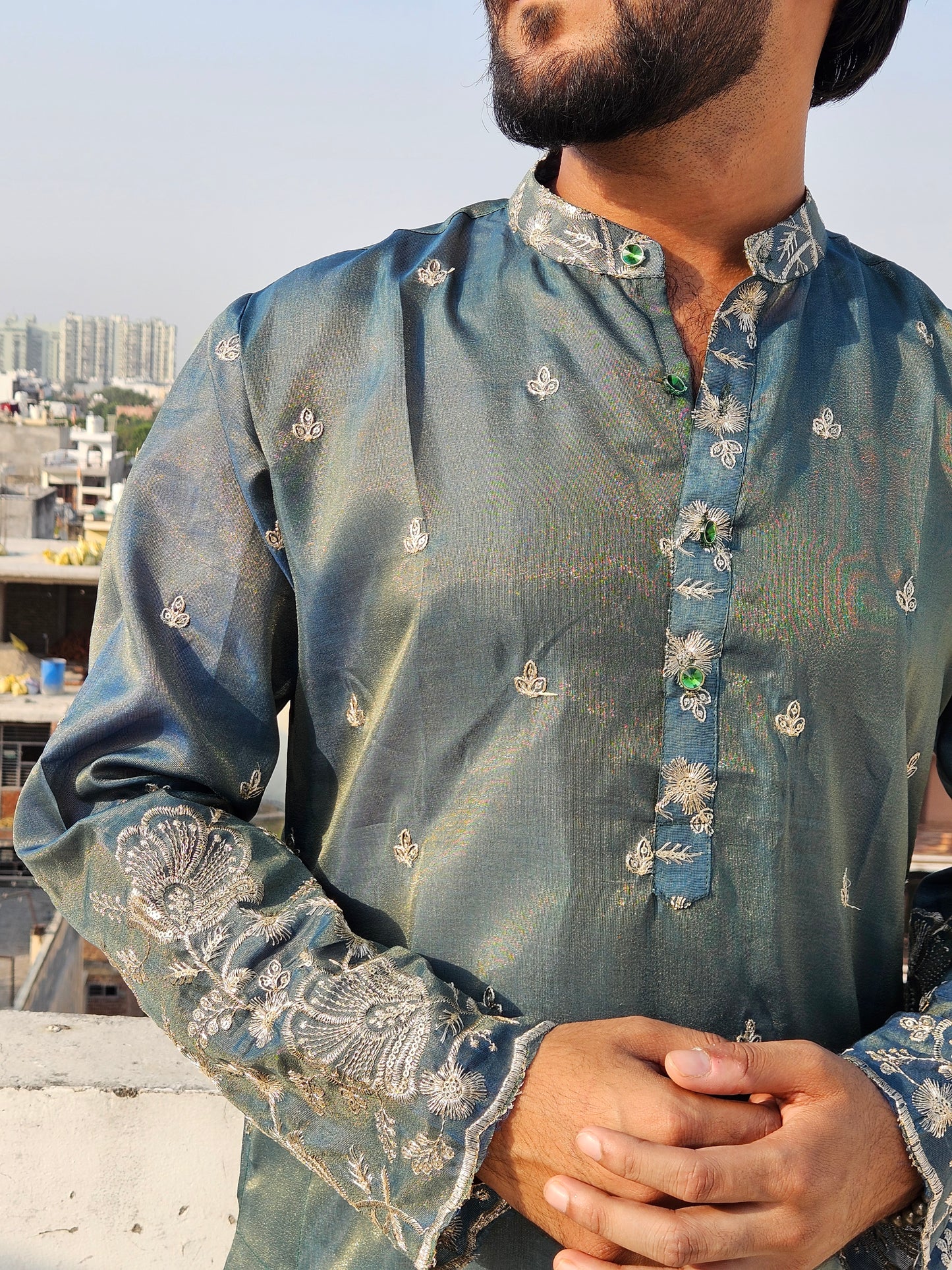 Deep Sea Green Embroidered Silk