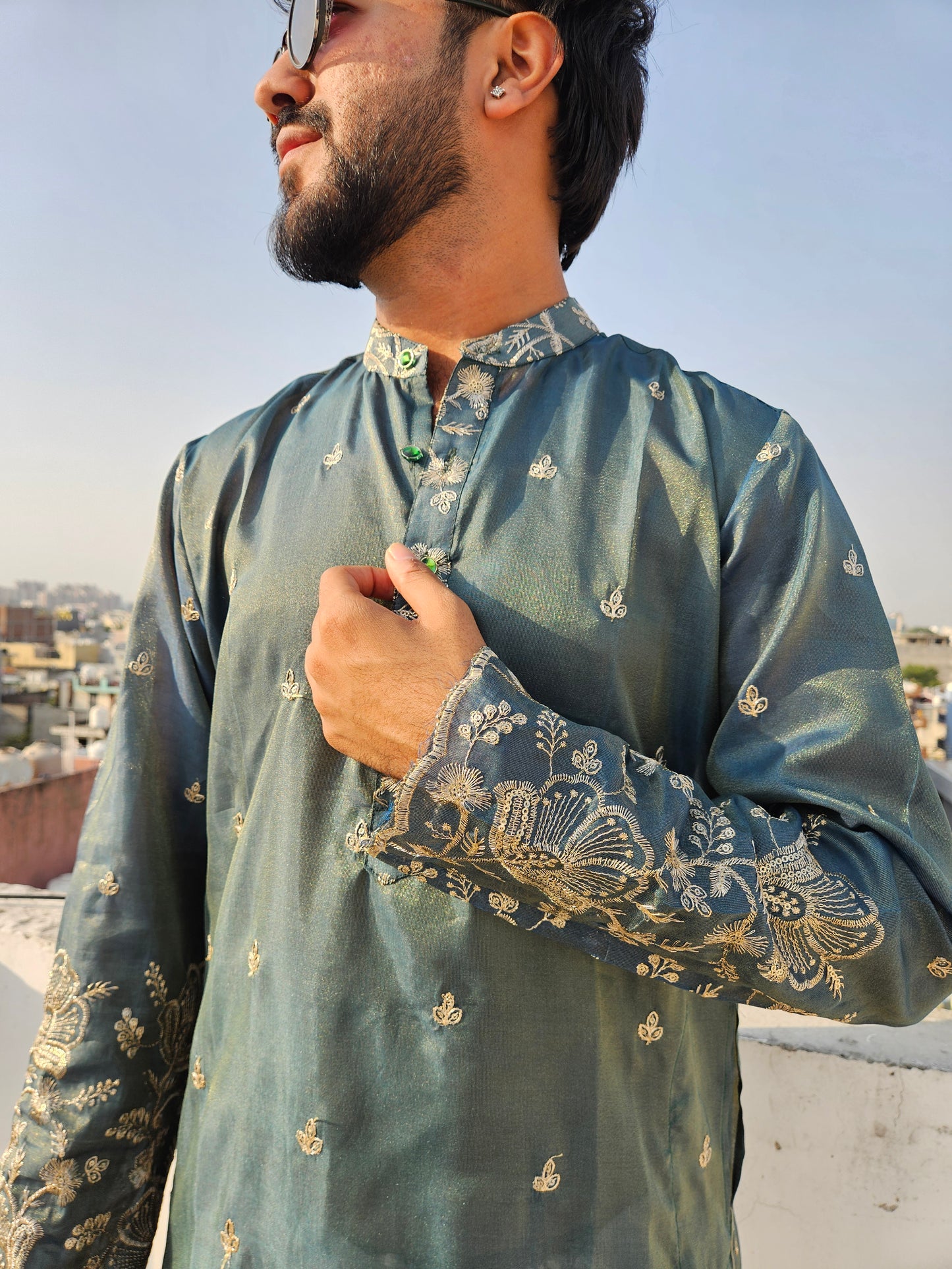 Deep Sea Green Embroidered Silk
