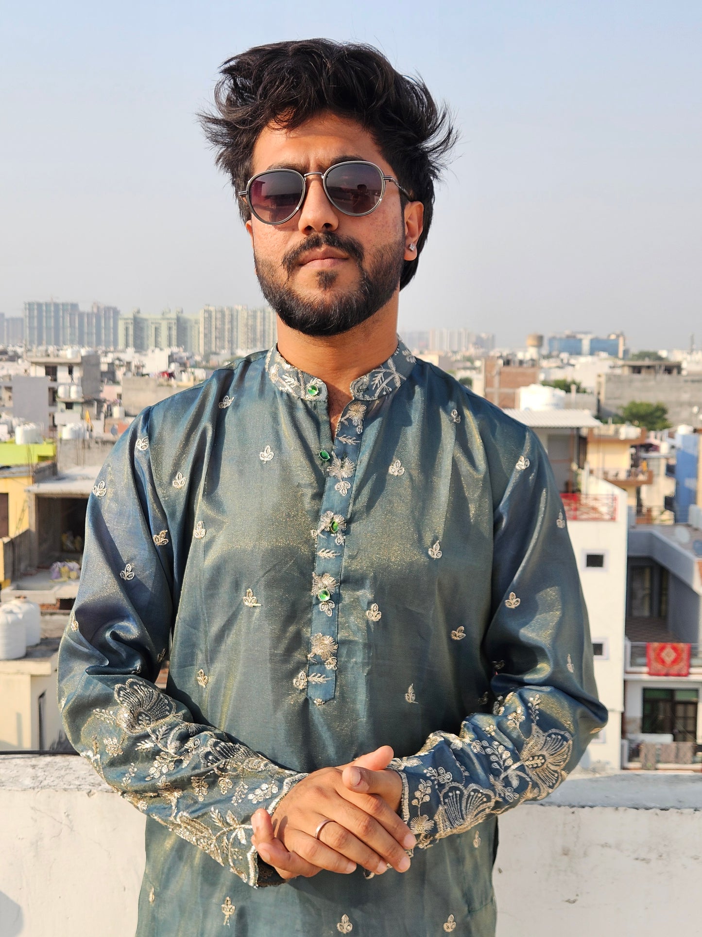Deep Sea Green Embroidered Silk